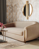 Modern Taupe Velvet Sofa – Curved Silhouette & Gold Accents