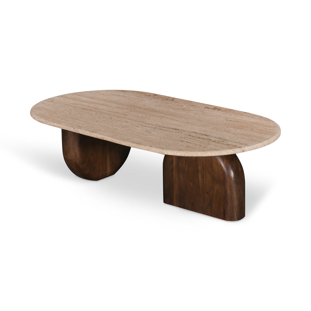 Erkin 1.2m Travertine Top Oval Coffee Table - Walnut