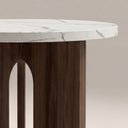 Moreton Round Side Table | White Marble Effect & Walnut