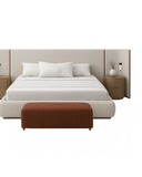 Wing Bed Suite — Bouclé Bed with Walnut Wing Panels, Nightstands & Bench