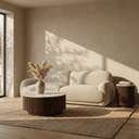 Everly Round Storage Side Table | Natural Travertine Effect Sintered Stone & Walnut